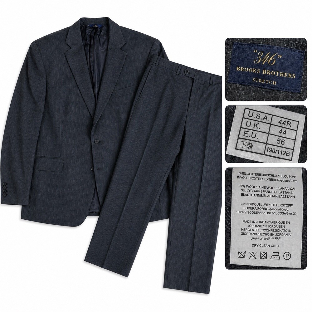 Brooks Brothers 2-Piece Suit Mens 44R 38x29 Gray Pinstriped Wool Stretch